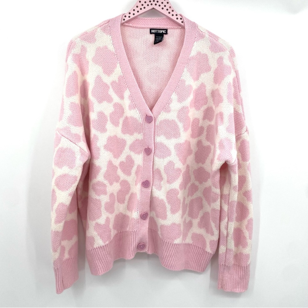 Hot Topic Cardigan Women’s XL Oversized Heart Leopard Pink‎ Sweater Boxy Cozy